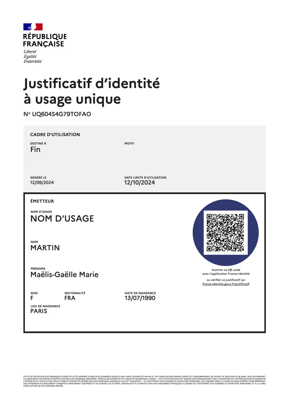 Sample France Identité identity proof carrying a VDS