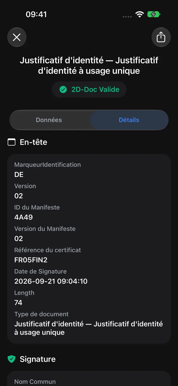 Détails techniques et signature du CEV