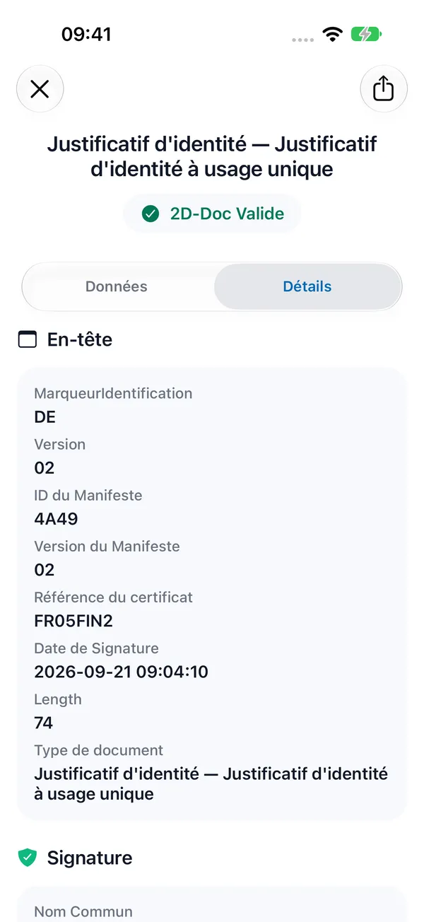 Détails techniques et signature du CEV