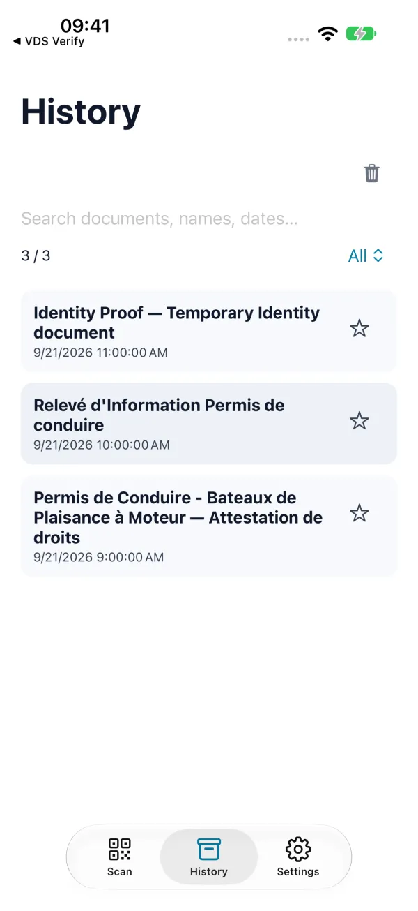 History of verified documents