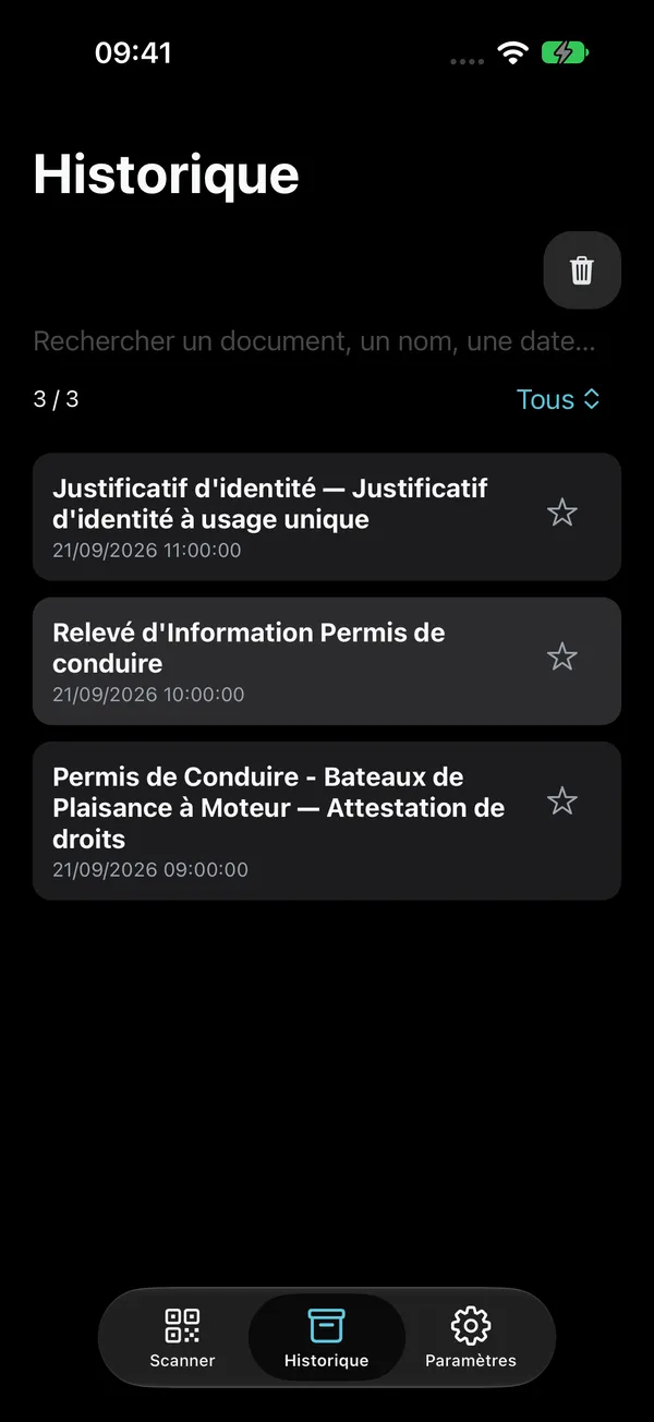 Historique des documents vérifiés