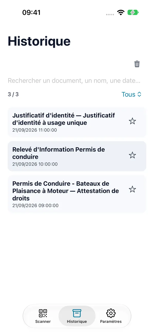 Historique des documents vérifiés