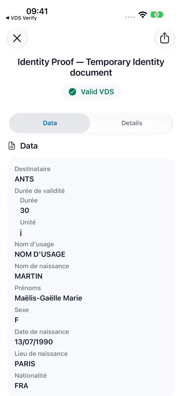 VDS Verify result screen showing a valid seal