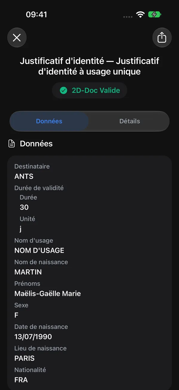 Écran de résultat de VDS Verify affichant un CEV valide