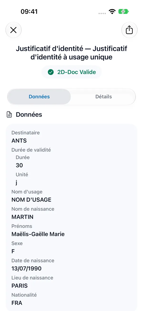 Écran de résultat de VDS Verify affichant un CEV valide